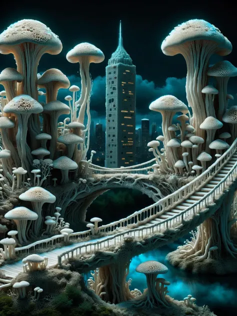 A ral-mycelium cityscape where buildings sprout from giant fungal caps, connected by bridges of interwoven mycelium, glowing with bioluminescent light, a metropolis of harmonious nature and technology. <lora:ral-mycelium-sdxl:1>, <lora:EnvyBetterHiresFixXL01:0:hr=1>