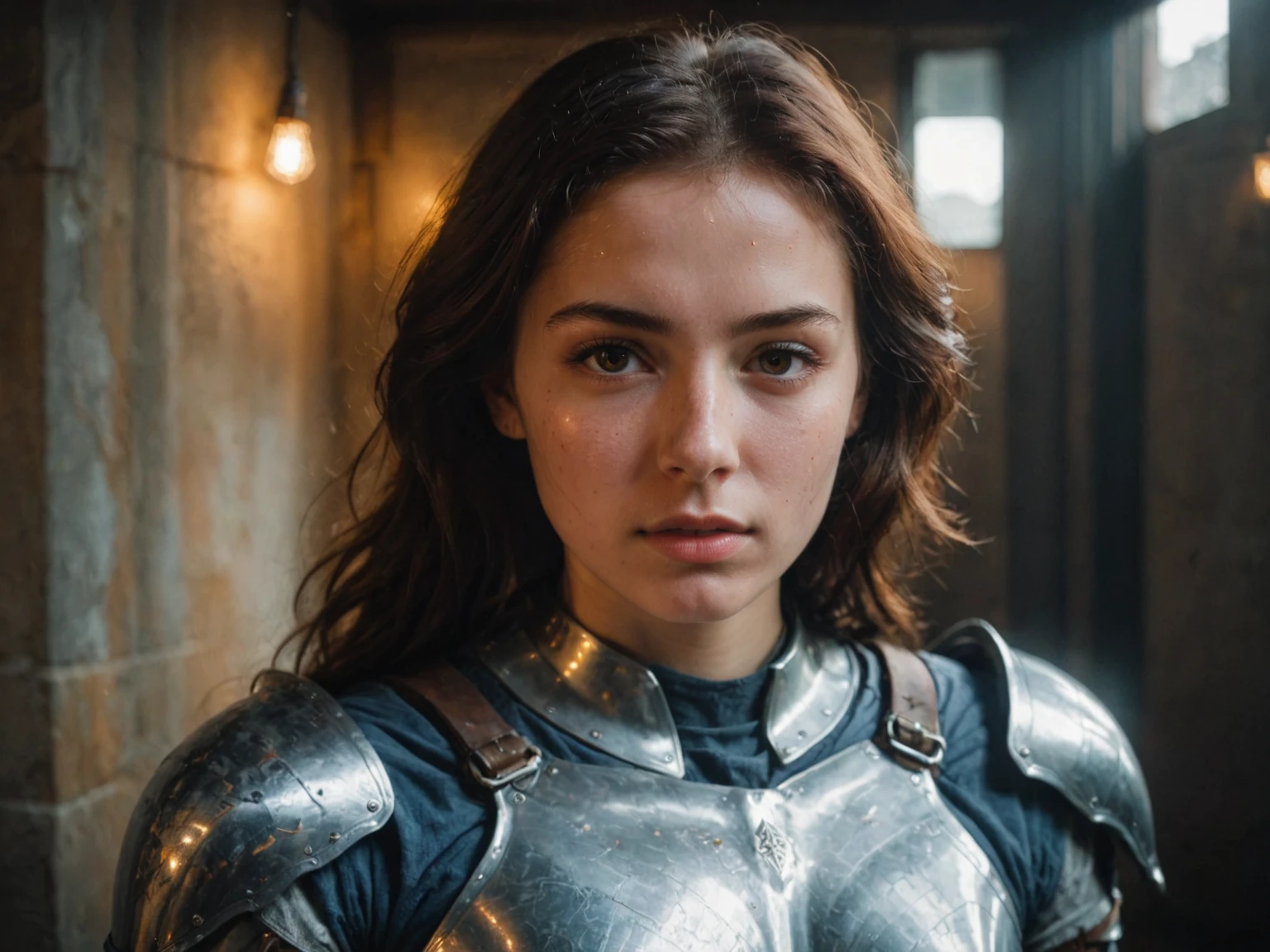 Photo of a girl,cinematic film still, full plate armor, lights shining on her face, soft shadows cast on her face, ony fe 12-24mm f/2.8 gm, close up, 32k uhd, light navy and light amber, amazing quality, wallpaper, analog film grain <lora:amazing_portraits_xl_v1b:1.1>