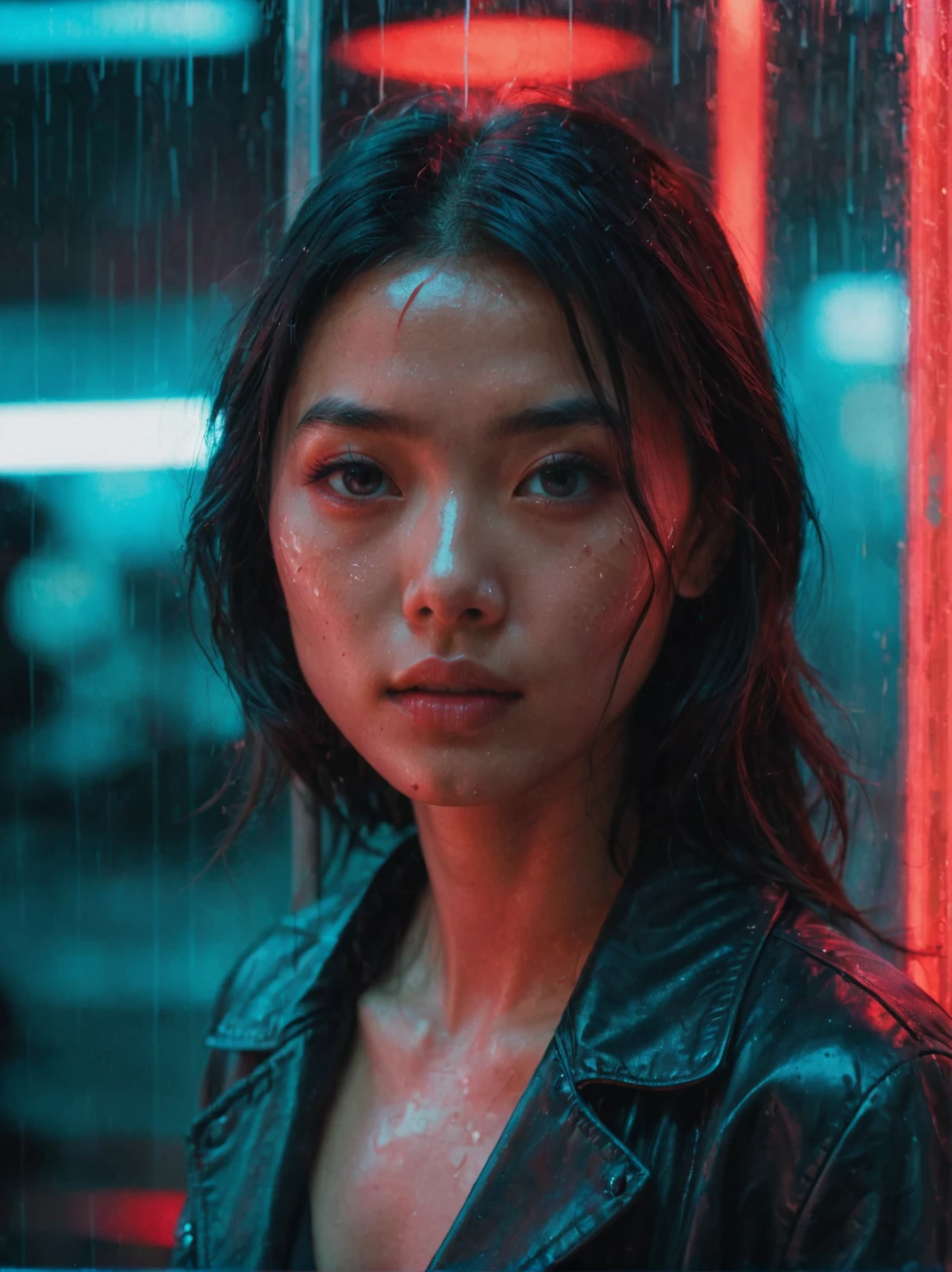cinematic film still, portrait photo of a beautiful asian girl behind a glass, raining, cyan and red neon light illuminate her face, clear eyes <lora:amazing_portraits_xl_v1b:1>
