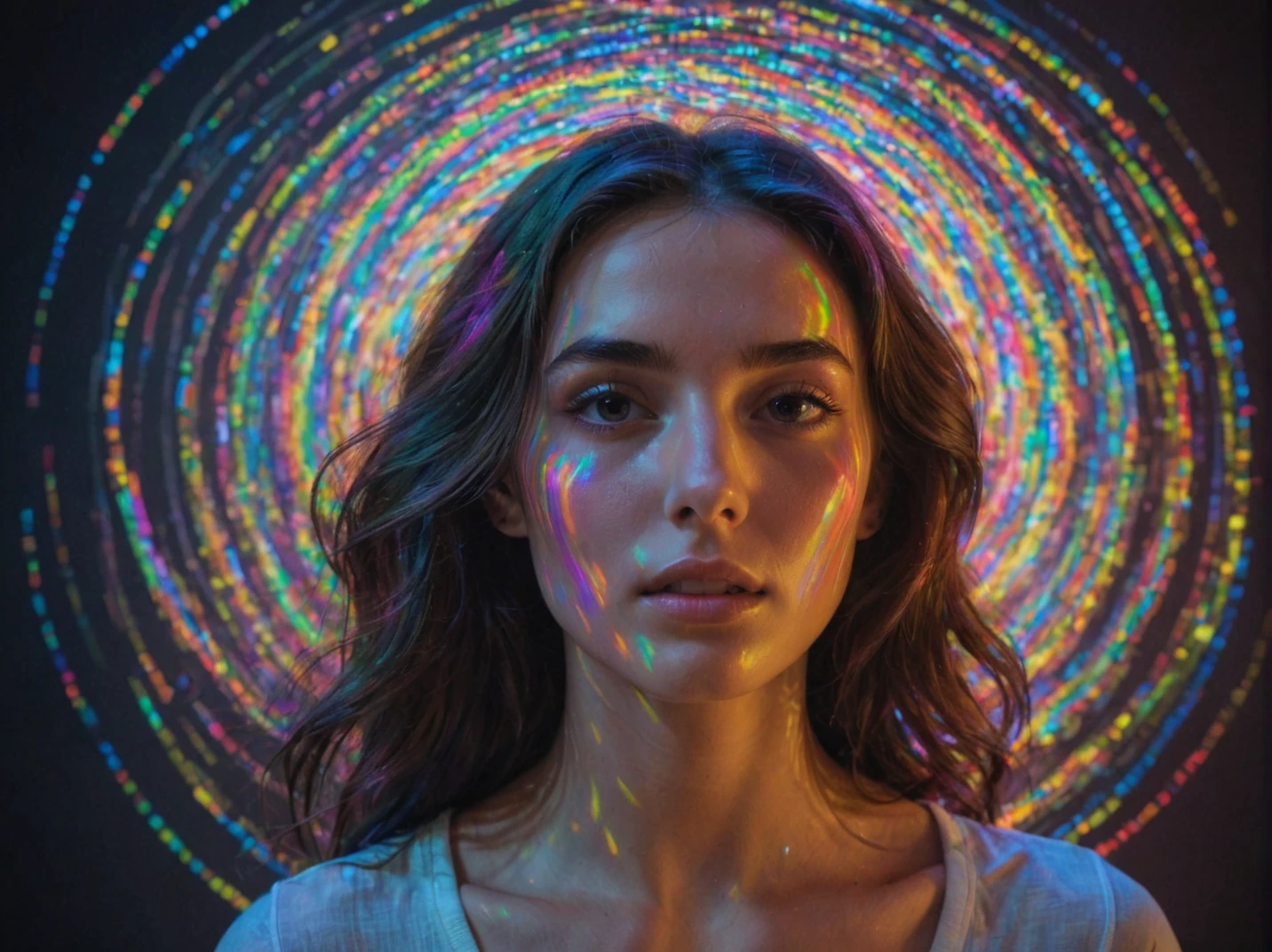 young beautiful woman caught in a whirlwind of colors, surrounded by rainbow lights, rainbow holograms before her face, with pronounced chromatic aberration giving her surroundings a surreal, fragmented look <lora:add-detail-xl:0.8> <lora:amazing_portraits_xl_v1b:0.8>