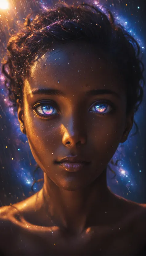 a womans eyes reflecting a colorful galaxy, dark skin, backlighting, looking at viewer, shot from above, raining, streetlights illuminate her face, eye focus,
<lora:James_Webb_Space_Telescope:1> <lora:amazing_portraits_xl_v1b:1>