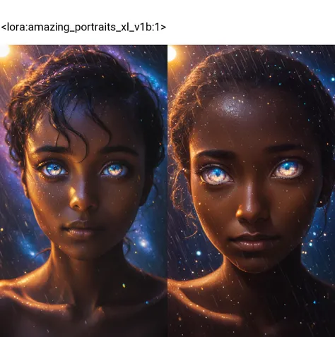 a womans eyes reflecting a colorful galaxy, dark skin, backlighting, looking at viewer, shot from above, raining, streetlights illuminate her face, eye focus,
<lora:James_Webb_Space_Telescope:1> <lora:amazing_portraits_xl_v1b:1>