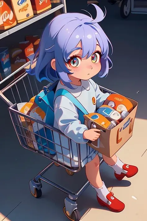 (2d:1.2), wide shot, (dynamic angle:1.1), outline, ((thick lineart)), cover, stylish, official art, (details:1.2), glow:0.2, shadow, 1girl, sttngshppngcrt, bangs, long sleeves, looking at viewer, closed mouth, ahoge, bag, shirt, white socks,<lora:sitting_shopping_cart_00_01:1.0>