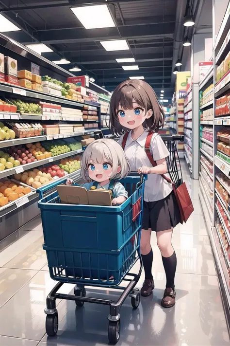 (masterpiece), best quality, high resolution, extremely detailed, detailed background, perfect lighting, indoors, shop, <lora:sitting_shopping_cart_00_02:0.5> BREAK
2girls, woman, (light smile:0.7), walking, (pushing cart:1.1), (looking at each other:1.2), BREAK
2girls, (child:1.5), tareme, smile, open mouth, sttngshppngcrt, (kneeling:1.4), hand on shopping cart,
