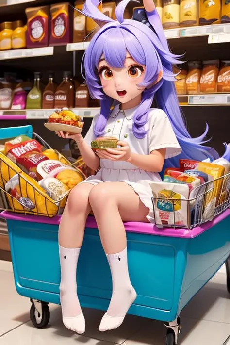 1girl, sttngshppngcrt, looking at viewer, ahoge, indoors, alternate costume, white socks <lora:sitting_shopping_cart_00_02:1.0>