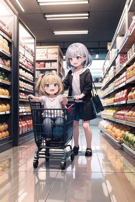 (masterpiece), best quality, high resolution, extremely detailed, detailed background, perfect lighting, indoors, shop, <lora:sitting_shopping_cart_00_02:0.5> BREAK
2girls, woman, (light smile:0.7), walking, (pushing cart:1.1), (looking at each other:1.2), BREAK
2girls, (child:1.5), tareme, smile, open mouth, sttngshppngcrt, (kneeling:1.4), hand on shopping cart,