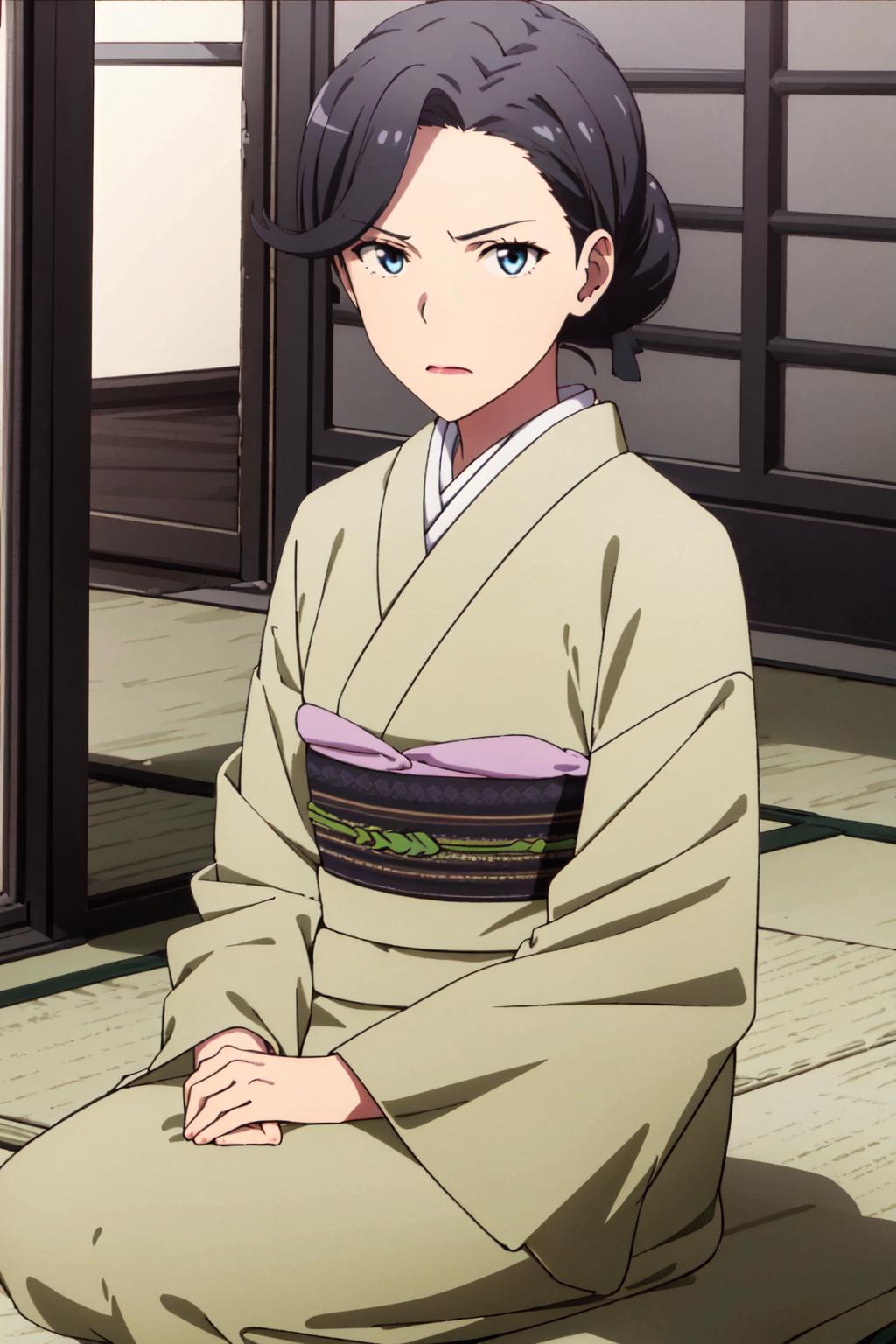 A woman in a kimono sitting on the floor with a bowl - SeaArt AI