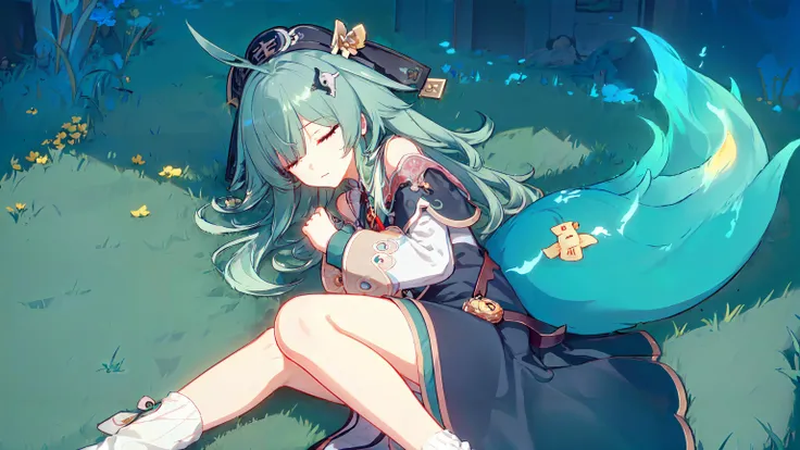 masterpiece, best quality, 1girl, solo, huohuo, jiangshi hat, yinyang hair ornament, open dress, long sleeves, ahoge, tassel jade, weiba fire tail, spell, detached sleeves, loose socks,close-up, dark background, night, lying, meadow, closed eyes, sleeping, east asian architecture,
<lora:huohuov5:0.8> <lora:style_Hiten_3.0:0.8>