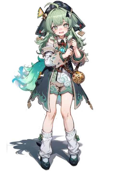 masterpiece, best quality, best light, best shadow, highly detailed, ultra detailed,huohuo, jiangshi hat, yinyang hair ornament, open dress, long sleeves, ahoge, tassel jade, weiba fire tail, spell, detached sleeves, loose socks, open mouth, shoes, simple background, shorts, white background, full body, 1girl, standing, hands up, looking to the side, bare shoulders, holding, solo <lora:huohuov5:1>
