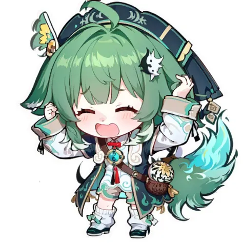masterpiece, best quality, best light, best shadow, highly detailed, ultra detailed,huohuo, 1girl, solo, jiangshi_hat, ahoge, animal ears, yinyang_hair ornament, long sleeves, open dress, detached sleeves, weiba_fire tail, tassel jade, loose socks, shorts, shoes, > <, open mouth, full body, chibi, emoji, standing, hands on head, white background <lora:huohuov5:1> <lora:BlueSD:0.8>