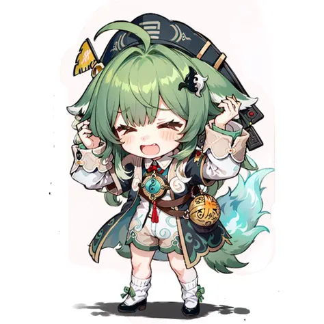 masterpiece, best quality, best light, best shadow, highly detailed, ultra detailed,huohuo, 1girl, solo, jiangshi_hat, ahoge, animal ears, yinyang_hair ornament, long sleeves, open dress, detached sleeves, weiba_fire tail, tassel jade, loose socks, shorts, shoes, > <, open mouth, full body, chibi, emoji, standing, hands on head, white background <lora:huohuov5:1>