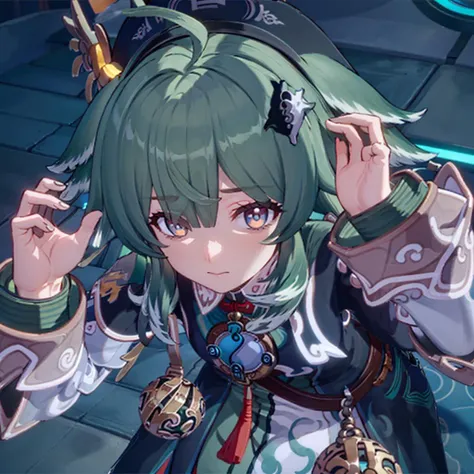 masterpiece, best quality, best light, best shadow, highly detailed, ultra detailed,huohuo, 1girl, solo, yinyang hair ornament, ahoge, open dress, animal ears, tassel jade, long sleeves, closed mouth, looking to the side, upper body, hands on head, from above, portrait, dark background, night, simple background<lora:huohuov5:1>