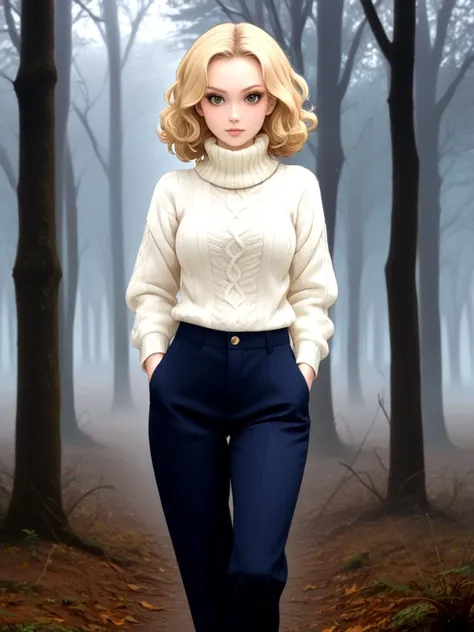 (2d anime style, lines, flat colors:1.64), female, 24yo, short wavy blonde hair, brown eyes, eyelashes, clumsy girl, dumb, stupid, wool sweater, scarf, hair ornament, intricate hairdo, (plaited pants:1.4), (fog, creepy:0.35), (horror:0.2), (small smile:0.46), (happy, ignorant, unaware:0.76)