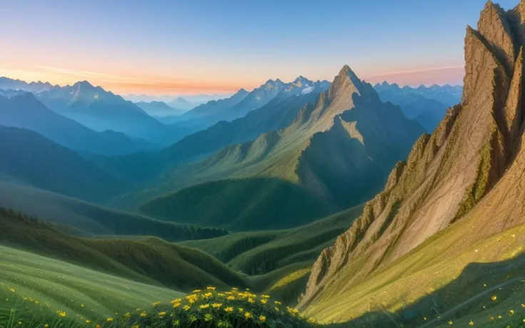 fractal landscape, fractal mountains, real, photo, 35mm lens, fog, sharp focus, detailed fractals, cute, sunny, beautiful sky, intricate clouds, lovely, like a dream fantasy, lens effect, lens glare, fairy tale, no human, (fractal style:1.1), cinematic lighting, (rule of thirds, at an angle:1.2), (perspective:0.7)