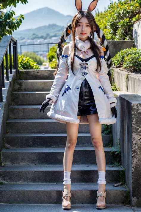 highly detailed, full body, ((1girl)), solo, smile, blush, outdoors, day, simple background, blue sky, sky, temple, looking at viewer, stairs, mountain, moody lighting, facing viewer, full body view,
rabbit-shaped pupils, ((pekora1)), rabbit ears,
<lora:pekora1-000009:1>
<lora:add_detail:0.6>
<lora:VietnameseDollLikeness:0.4>
