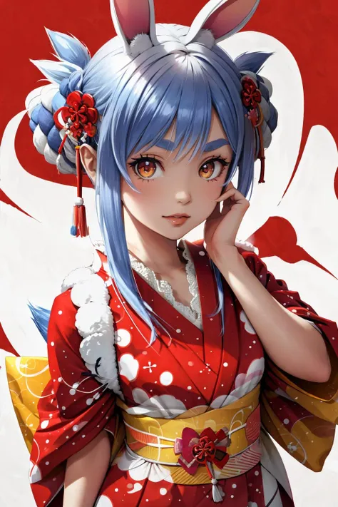 1girl,little_girl,little_body,cute_,Emi, two-tone hair, red eyes, pigtail, hair ornaments, red kimono, print kimono, legs,