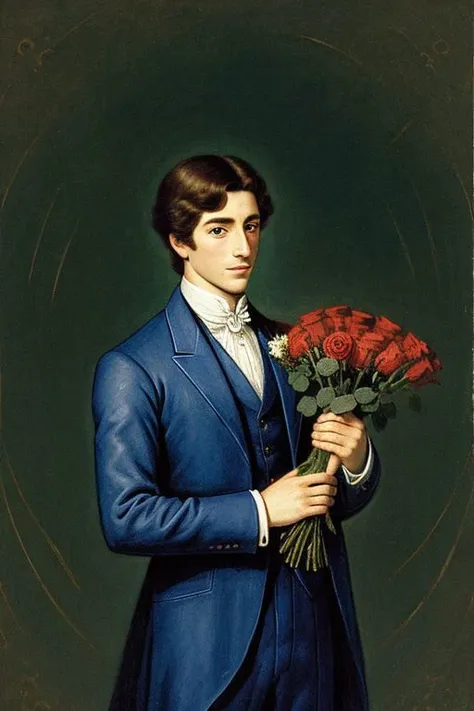 A dashing Prince holding a bouquet of roses