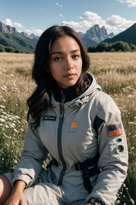 A mixed race woman in a grey space suit sitting in a tall grass, holding flowers, field, mountains in the background, warm palette, sunlight, amateur photo, film grain