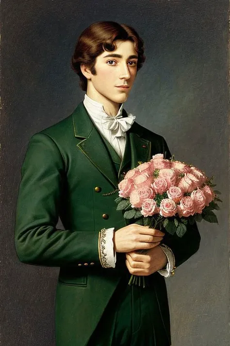 A dashing Prince holding a bouquet of roses