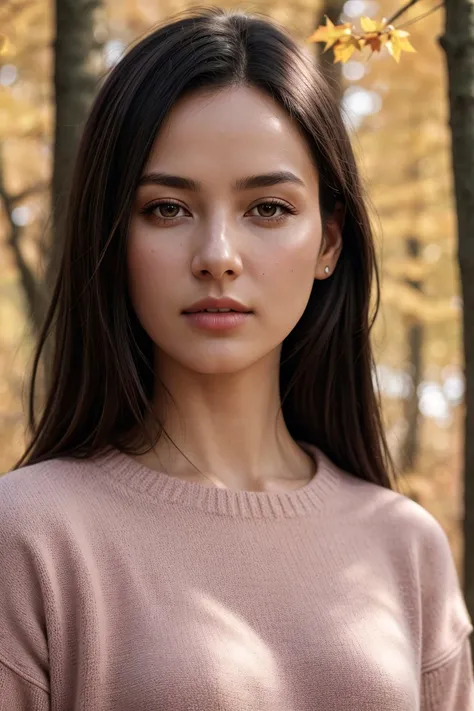 a woman 37 year, make-up, elegant minimalistic photography, 1990s, (perfect) Model wearing a pink jumper, Red Autumn Forest Background, Natural Lighting, chaos, minimalist, close-up portrait photo, (shot on Portra 400), perfect composition, artistic photography, photorealistic concept art, award - winning photograph, masterpiece, intricate details, 8k texture, rich texture details, extremely detailed, ultra high quality model, trending on artstation, trending on 500px