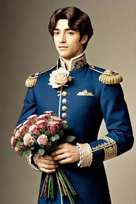 A dashing Prince holding a bouquet of roses