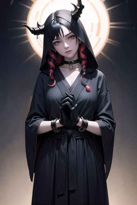 (highly detailed:1.3),
wraith, solo, light smile, head tilt, horns,
<lora:edgWraith:0.7>, edgWraith, wearing edgWraith costume, multicolor mittens, grey hakama, wrist scrunchie,
Ultra-detail, (highres:1.1), best quality, (masterpiece:1.3), cinematic lighting, windowboxed, belt, ribbon, bracelet, choker, jewelry, necklace, sunburst, brooch,