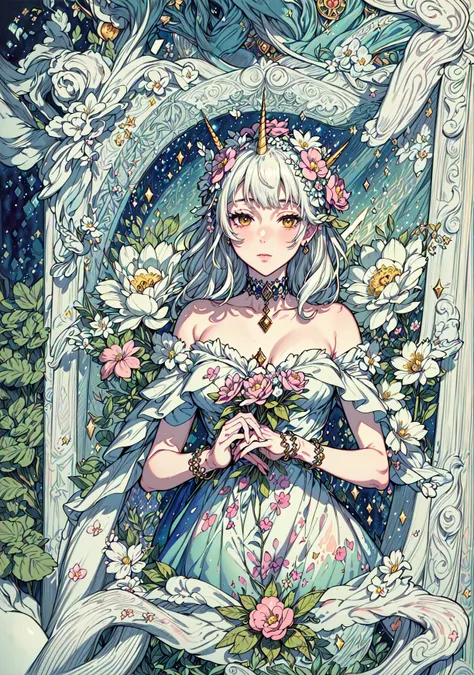 absurdres, (masterpiece:1.4), great composition, (centered frame), Tarot Card design, <lora:add_detail:0.8>, <lora:animeTarotCardArtStyleLora_v31:0.8>. <lora:epiNoiseoffset_v2:0.5>, a mystical garden filled with enchanted flowers and talking animals, the Garden of Flowers Tarot Card, a watercolor painting, with soft colors and delicate details, depicting a unicorn and a fairy in a magical and whimsical environment
