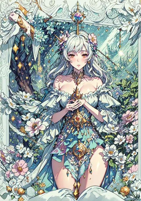 absurdres, (masterpiece:1.4), great composition, (centered frame), Tarot Card design, <lora:add_detail:0.8>, <lora:animeTarotCardArtStyleLora_v31:0.8>. <lora:epiNoiseoffset_v2:0.5>, a mystical garden filled with enchanted flowers and talking animals, the Garden of Flowers Tarot Card, a watercolor painting, with soft colors and delicate details, depicting a unicorn and a fairy in a magical and whimsical environment