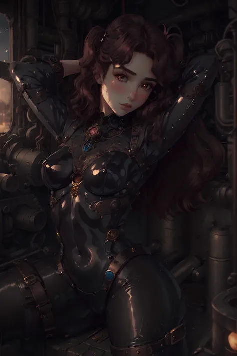 solo, (masterpiece, best quality:1.1), modelshshoot portrait of breathtaking attractive girl, 8k UHD, wearing (Blush Pink steampunk bodysuit:1.3), vulnerable blushing expression, slim toned stomach, (in medias res:1.3), perfect proportions, extreme realistic detail, lying on back pose, spread legs, cameltoe silhouette, perfect ass, stretching arms, depth and dark shadows, dramatic lighting, sharp focus,<lora:lowra_v10:0.4>, cogs and bronze filigree, <lora:betterPortrait_v10:0.6>,
BREAK,
glossy (dark red:1.1) hair, wondrous dramatic hair, long silky hair, (dense light crystalizing upon her face:1.1), huge eyes like windows to her soul,
BREAK,
mindblowing fabric quality, shiny reflective latex, realistic skin texture, smooth glossy wax effect, nipple outlined beneath bodysuit, steampunk themes, (girlish small breasts:1.1), photorealistic, real photo of a stunning beautiful girl, smooth depth of field, tubes, machinery, industrial future setting,