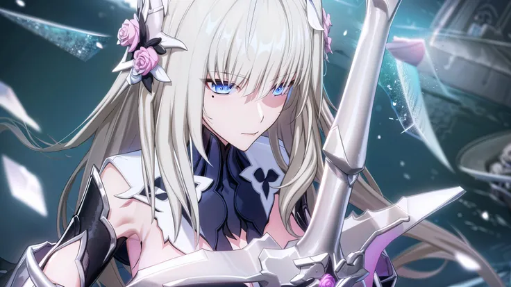 HDR,UHD,8K,Highly detailed,best quality,masterpiece,1girl,biancaabs, white skin, <lyco:GoodHands-beta2:1.0>,bangs,black_flower,black_rose,blue_eyes,blue_rose,flower,hair_between_eyes,hair_flower,hair_ornament,long_hair,mole_under_eye,pink_flower,pink_rose,purple_rose,rose,
silver hair, armor,armored_boots,bangs,black_gloves,blonde_hair,blue_eyes,boots,dress,gauntlets,gloves,hair_flower,hair_ornament,hair_ribbon,
,high heel boots,
high_heels,holding_sword,large_breasts,mole_under_eye,rose,silver_hair,sword,thighhighs,very_long_hair,weapon,white_dress,white_flower,pov,serious,  <lora:biancaabs2:0.8>beautiful detailed glow,detailed ice,beautiful detailed water,(floating palaces:1.2),(ice crystal texture wings),