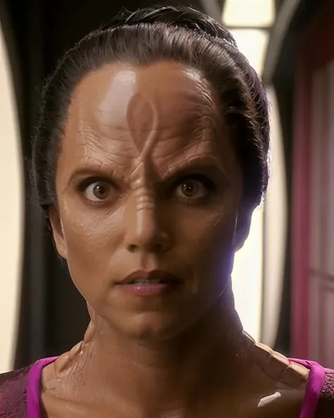 ziyal, female, taupe skin, ridges on bridge of nose, reptile scales on sides of neck and shoulders:1.2, black hair, standing in a sci-fi corridor, perfecteyes eyes, concerned expression, wearing magenta dress, indoors, portrait, close-up, front view, melanie smith, <lora:ziyal_lora:0.8>, <lora:locon_perfecteyes_v1_from_v1_64_32:0.2>