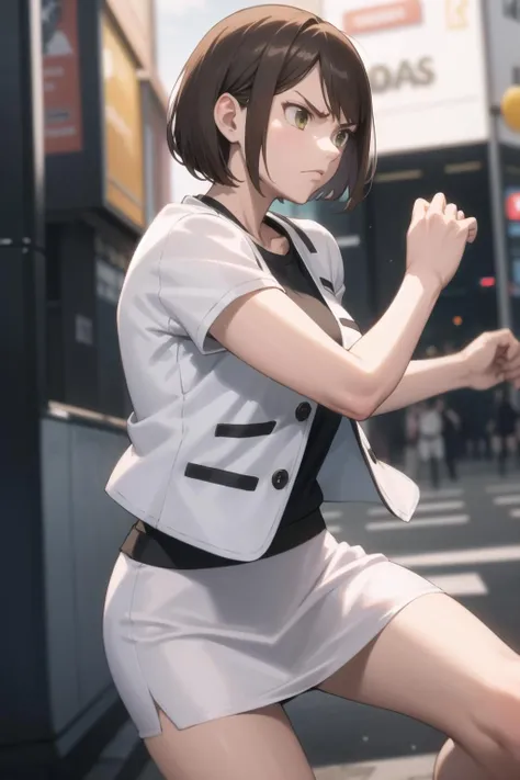 <lora:mukoda-000020:1>, saeko, white jacket, t-shirt, black undershirt, white skirt,
1girl, city, fighting stance, glaring