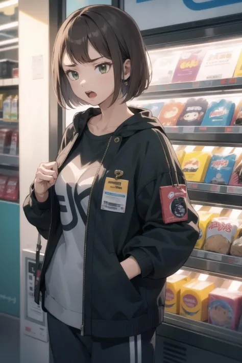 girl, brown hair, brown eyes, beautiful eyes, short cut, bob hair, bangs flowing sideways, sagging eyes, easy face, smoking cigarette, calm face, black turtleneck sweater, doctor's lab coat, upper body,