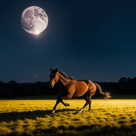 A horse running across a field under moonlight