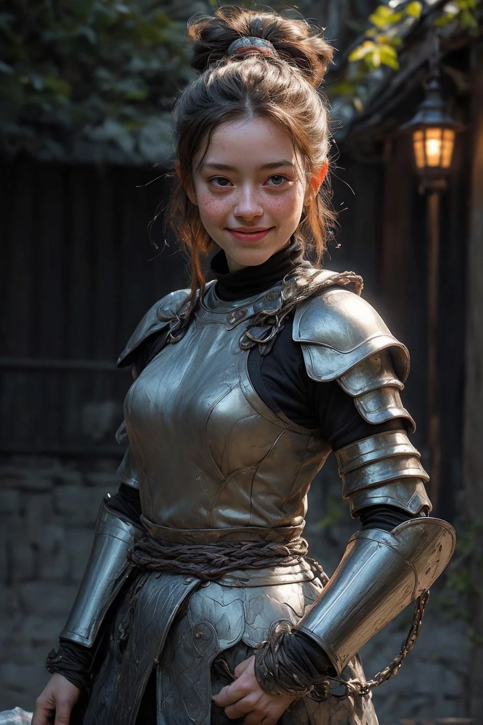 artistic, experimental, creative, expressive, interesting, unusual, dramatic, dynamic pose, slender, color, surreal, abstract,
(grim dark, restaurant, cute girl samurai in chainmail armor:1.2), happy smile, (freckles, skin blemishes, blood:1.2), hair buns, duo-tone hair,
depth of field, light dust, outdoors, cinematic
<lora:NijiExpressV2:0.5> <lora:3DMM_V12:0.4> <lora:GPTS4 dreamwave full_478773:0.4> <lora:add_detail:1>