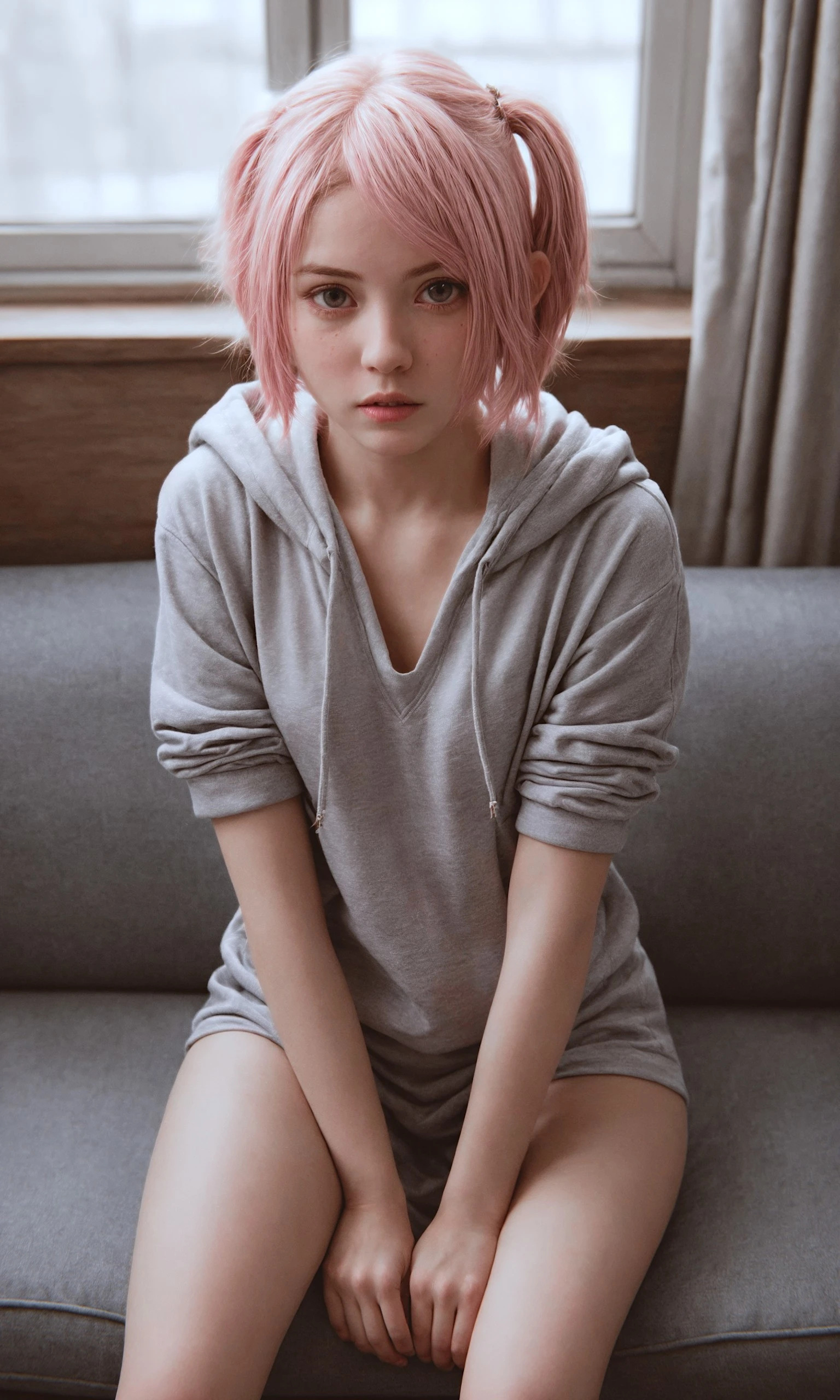 stylized artwork of an cute young slave in a luxurious gothic mansion, skinny young girl wearing gray sexy hoodie, (anorectic petite small:1.3), giant glowing eyes, angry embarrassed, elven pointy ears, viewed from above, sitting on a sofa, downblouse, leaning towards camera, depth of field, dust, low twintails, (pink hair:1.4) <lora:add_detail:1> <lora:epiNoiseoffset_v2-pynoise:1>