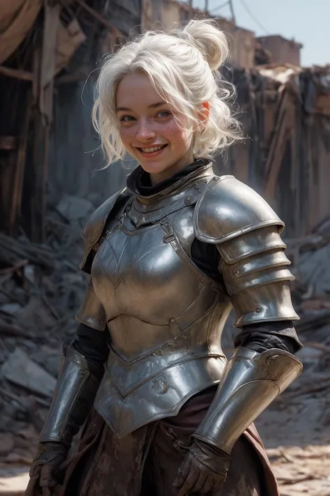 (post-apocalyptic, bedroom, cute girl knight in heavy plate armor:1.2), happy smile, (freckles, skin blemishes, blood:1.2), hair buns, white hair,
depth of field, light dust, outdoors, cinematic
<lora:NijiExpressV2:0.5> <lora:3DMM_V12:0.4> <lora:GPTS4 dreamwave full_478773:0.4> <lora:add_detail:1>