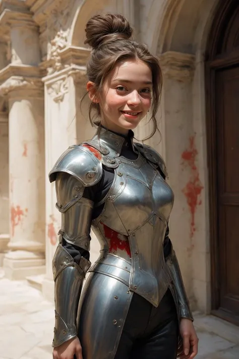 artistic, experimental, creative, expressive, interesting, unusual, dramatic, dynamic pose, slender, color, surreal, abstract,
(solarpunk, mansion, cute girl knight in leather armor:1.2), happy smile, (freckles, skin blemishes, blood:1.2), hair buns, duo-tone hair,
depth of field, light dust, outdoors, cinematic
<lora:NijiExpressV2:0.5> <lora:3DMM_V12:0.4> <lora:GPTS4 dreamwave full_478773:0.4> <lora:add_detail:1>