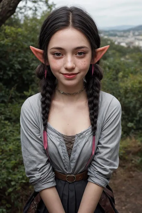 urban fantasy, futuristic city, skinny young (teenage girl with long elven pointy ears:1.3) druid girl wearing modern harajuku streetwear hoodie and skirt, (anorectic petite small:1.3), happy smile, (freckles:1.2), skin blemishes, rough skin texture, (punk girl:1.3)
viewed from above, (downblouse, leaning towards camera:1.2), depth of field, light dust, (low twintails, black hair:1.3), (long elven pointy ears:1.3)
closeup portrait
<lora:3DMM_V12:0.4> <lora:GPTS4 dreamwave full_478773:0.4> <lora:add_detail:1>