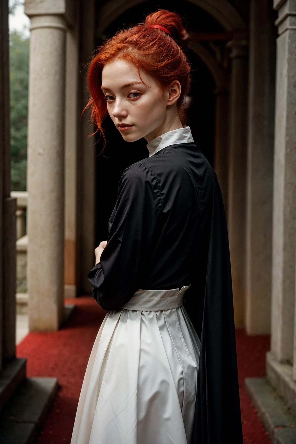 cute innocent nun, thin black dress, arms behind back, leaning towards viewer, lewd expression, pale translucent skin, ginger hair, ponytail, archway to a shrine, (vibrant red theme:1.3), (depth of field, bloom, haze, chromatic aberration, lens distortion:1.2), (film grain:1.2)
<lora:add_detail:1> <lora:3DMM_V12:0.5> <lora:Dreamwave v2.5_8200:0.5>