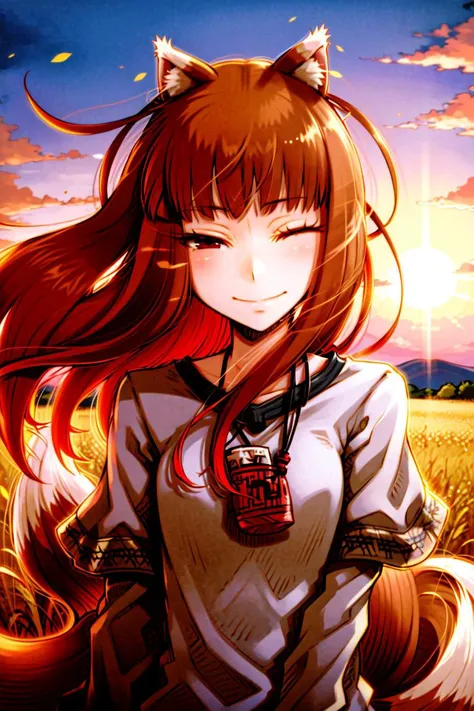 <lora:ayakurajuu:0.5>, <lora:holo:0.6>, (holo:1.5), (holoBrownDress:1.5), masterpiece, best quality, absurdres, 1girl, looking at viewer, standing, upper body, outdoors, floating hair, wind, sunset, field, wheat, lens flare, close-up, half-closed eyes