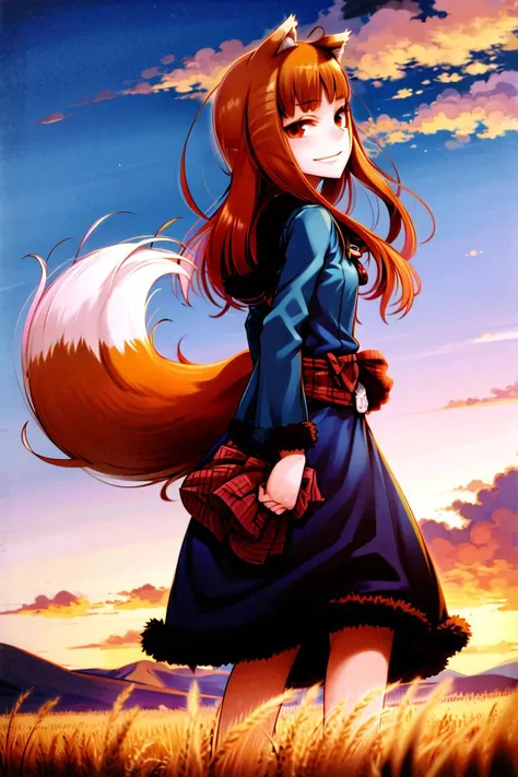 <lora:ayakurajuu:0.5>, <lora:holo:0.5>, (holo:1.5), (holoBlueDress:1.5), masterpiece, best quality, absurdres, 1girl, looking at viewer, standing, cowboy shot, outdoors, pouch, sash, smile, field, wheat, sunset, side view