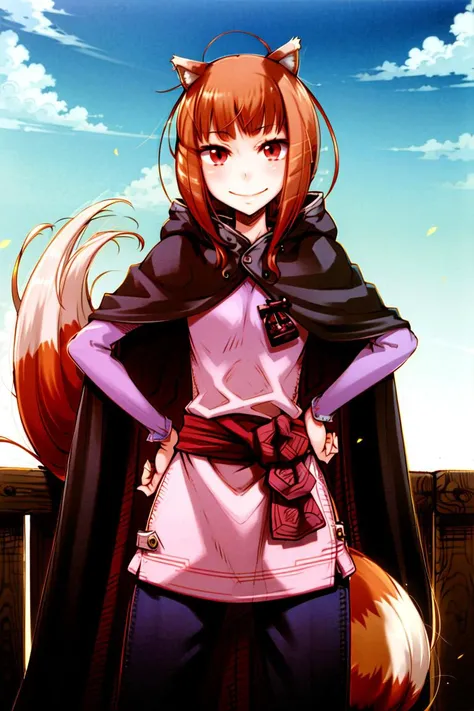 <lora:ayakurajuu:0.6>, <lora:holo:0.6>, (holo:1.5), (holoCoat:1.5), (holoPinkShirt:1.5), masterpiece, best quality, absurdres, 1girl, looking at viewer, standing, cowboy shot, outdoors, medieval, cobblestone street, town, hands on hips, pouch, sash, black pants, smile