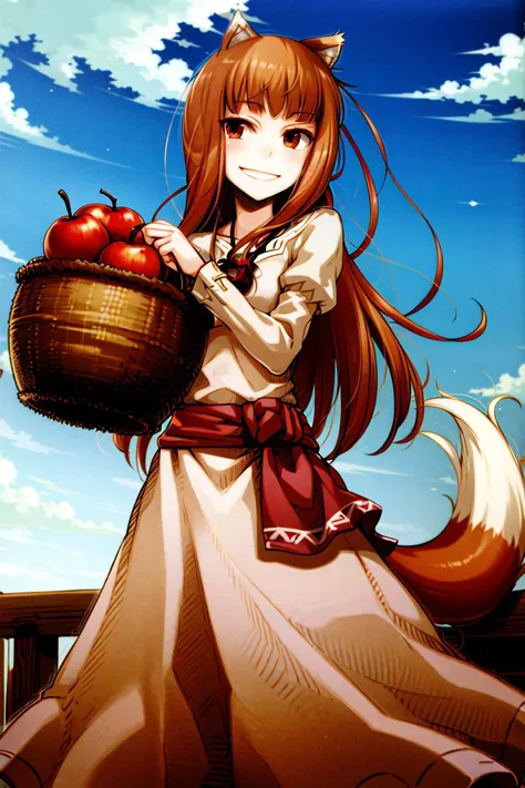 <lora:ayakurajuu:0.5>, <lora:holo:0.5>, (holo:1.5), (holoBrownDress:1.5), masterpiece, best quality, absurdres, 1girl, looking at viewer, standing, cowboy shot, outdoors, medieval, cobblestone street, town, pouch, sash, smile, fruit, apple, basket