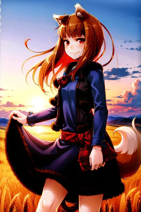 <lora:ayakurajuu:0.5>, <lora:holo:0.5>, (holo:1.5), (holoBlueDress:1.5), masterpiece, best quality, absurdres, 1girl, looking at viewer, standing, cowboy shot, outdoors, pouch, sash, smile, field, wheat, sunset, side view