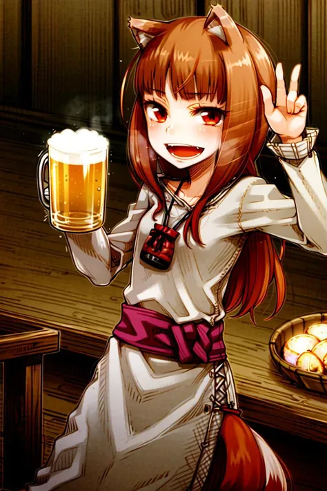<lora:ayakurajuu:0.6>, <lora:holo:0.6>, (holo:1.5), (holoGreyShirt:1.5), masterpiece, best quality, absurdres, 1girl, looking at viewer, standing, indoors, ,wooden interior, tavern, table, chair, open mouth, :D, drunk, beer mug, pouch, sash