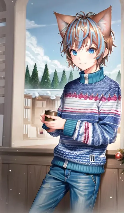 (masterpiece:1,2), best quality, masterpiece, highres, original, extremely detailed wallpaper, 
1boy, solo, male focus, (looking at viewer:1.1), closed mouth, cowboy shot, 
<lora:ArnasAtakiyo_CappyAdams_VTUBER-10:0.85> arnasvtuber, 
christmas sweater, long sleeves, pants, 
holding cup, hot chocolate, 
snowing, winter