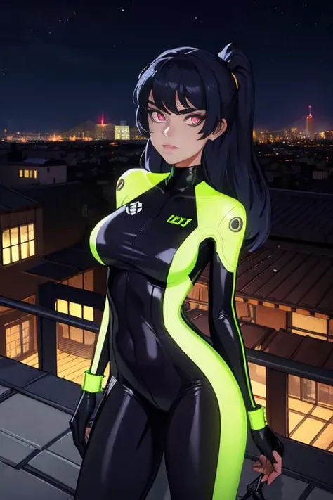 1woman,solo, wearing formfitting jumpsuit ,futuristic rooftop, night, neon, <lora:edgJumpsuit:.75> wearing edgJumpsuit