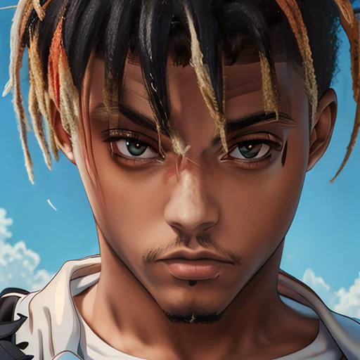 best quality, masterpiece, ultra high res, (anime style:1.2), <lora:juicewrldv3:0.9>, (juicewrld:1), facial hair, dreadlocks, simple background, looking at viewer, upper body, <lora:style_dandonFuga_rank32:1> dandonfuga,