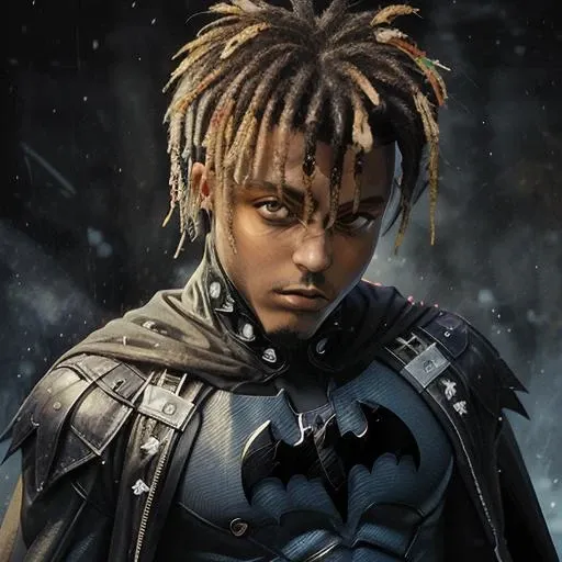 best quality, masterpiece, ultra high res, (anime style:1.2), <lora:juicewrldv3:1>, (juicewrld:1) as Batman, Batman outfit, 1boy, ((solo)), facial hair, simple background, dreadlocks, looking at viewer, upper body